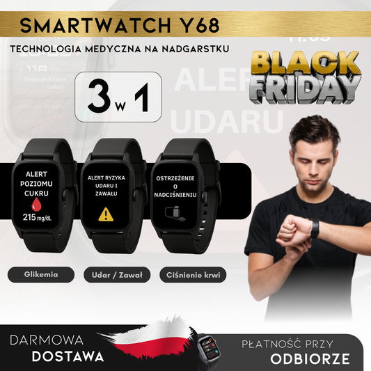 BLACK FRIDAY: Smartwatch Y68 – Monitor Medyczny 3 w 1 (Poziom glukozy, Ciśnienie, Ryzyko udaru mózgu) | Menu w języku polskim
